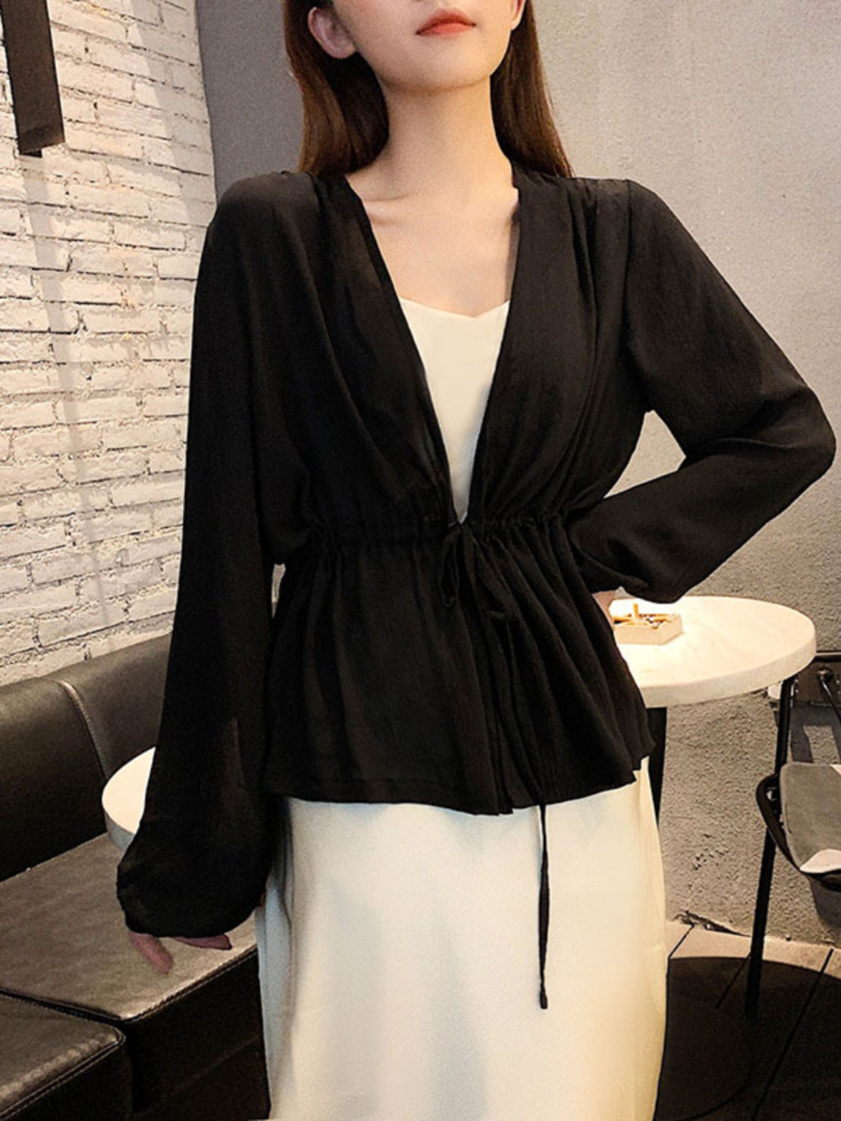 Lace-Up Lantern Sleeve Cardigan - Women's Chiffon Outerwear, V-Neck, Waist-Cinching Design for Spring/Summer 2025, Trendy Fashion Top Lace-Up Lantern Sleeve Cardigan - Women's Chiffon Outerwear, V-Neck, Waist-Cinching Design for Spring/Summer 2025, Trendy Fashion Top