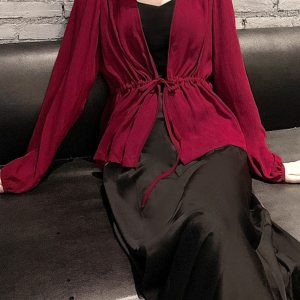 Lace-Up Lantern Sleeve Cardigan - Women's Chiffon Outerwear, V-Neck, Waist-Cinching Design for Spring/Summer 2025, Trendy Fashion Top