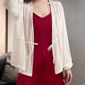 Lace-Up Lantern Sleeve Cardigan - Women's Chiffon Outerwear, V-Neck, Waist-Cinching Design for Spring/Summer 2025, Trendy Fashion Top