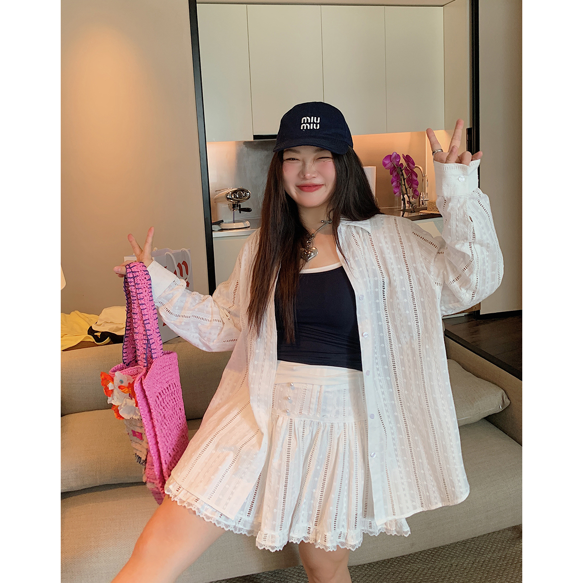 Lace-Up Shirt and Skirt Women's Set - Plus Size Summer 2025 Two-Piece Outfit in Trendy Korean Style