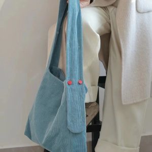 Lake Blue Corduroy Tote Bag - Large Capacity Crossbody Shoulder Bag for Commuters, Trendy Solid Color 2025 Design