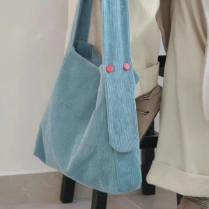 Lake Blue Corduroy Tote Bag - Large Capacity Crossbody Shoulder Bag for Commuters, Trendy Solid Color 2025 Design