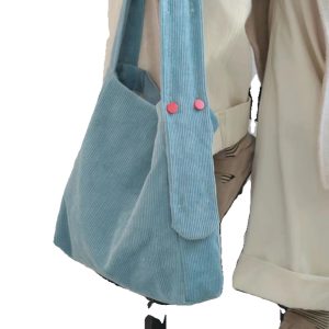 Lake Blue Corduroy Tote Bag - Large Capacity Crossbody Shoulder Bag for Commuters, Trendy Solid Color 2025 Design