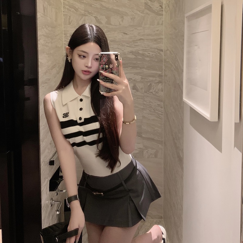 Lapel Ice Silk Knitted Polo Shirt for Women - Elegant Summer Vest Top in Small Fragrant Wind - College Style Fashion