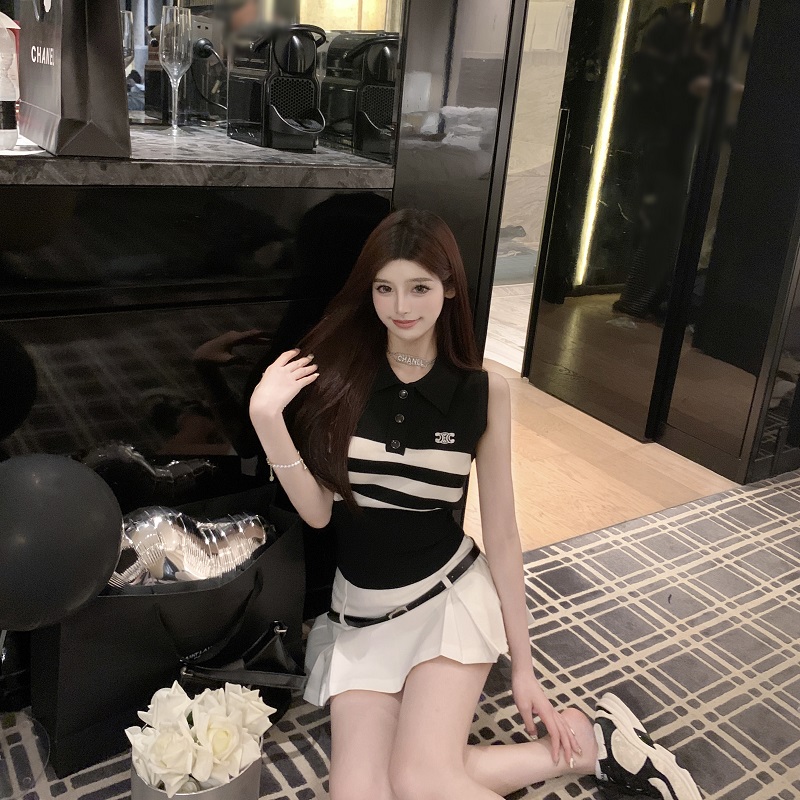 Lapel Ice Silk Knitted Polo Shirt for Women - Elegant Summer Vest Top in Small Fragrant Wind - College Style Fashion