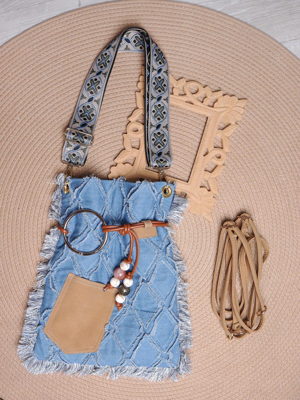 Large Capacity Bohemian Tassel Denim Bag - Ethnic Style Backpack, Crossbody & Shoulder Bag for Commuting & Travel Large Capacity Bohemian Tassel Denim Bag - Ethnic Style Backpack, Crossbody & Shoulder Bag for Commuting & Travel