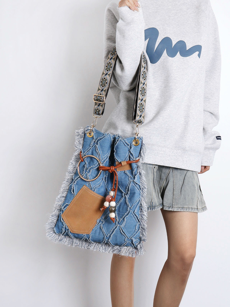 Large Capacity Bohemian Tassel Denim Bag - Ethnic Style Backpack, Crossbody & Shoulder Bag for Commuting & Travel Large Capacity Bohemian Tassel Denim Bag - Ethnic Style Backpack, Crossbody & Shoulder Bag for Commuting & Travel