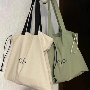 Large Capacity Canvas Drawstring Tote Bag for Commuting, Fresh Korean Style Minimalist Design with Letter Print