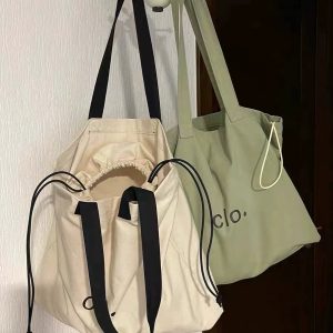 Large Capacity Canvas Drawstring Tote Bag for Commuting, Fresh Korean Style Minimalist Design with Letter Print