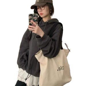 Large Capacity Canvas Drawstring Tote Bag for Commuting, Fresh Korean Style Minimalist Design with Letter Print