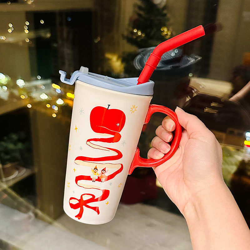 Large Capacity Ceramic Mug with Lid and Straw - Cute Summer Drinkware for Water, Coffee, and Iced Beverages