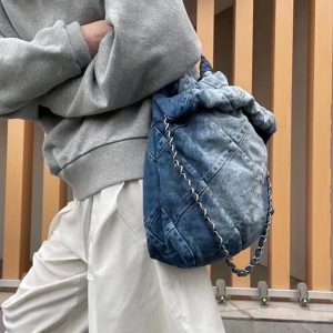 Large Capacity Denim Commuter Tote Bag with Chain Shoulder Strap - Stylish Autumn Winter Cloth Bag for Women
