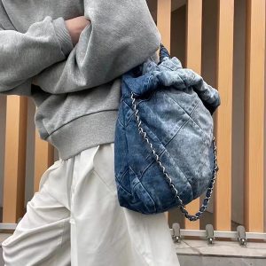 Large Capacity Denim Commuter Tote Bag with Chain Shoulder Strap - Stylish Autumn Winter Cloth Bag for Women