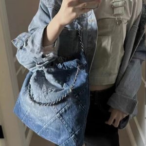 Large Capacity Denim Commuter Tote Bag with Chain Shoulder Strap - Stylish Autumn Winter Cloth Bag for Women
