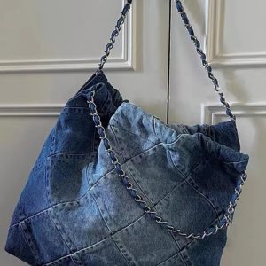Large Capacity Denim Commuter Tote Bag with Chain Shoulder Strap - Stylish Autumn Winter Cloth Bag for Women