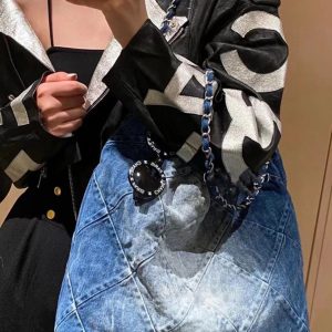 Large Capacity Denim Commuter Tote Bag with Chain Shoulder Strap - Stylish Autumn Winter Cloth Bag for Women