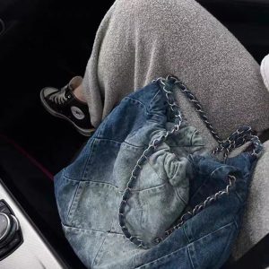 Large Capacity Denim Commuter Tote Bag with Chain Shoulder Strap - Stylish Autumn Winter Cloth Bag for Women