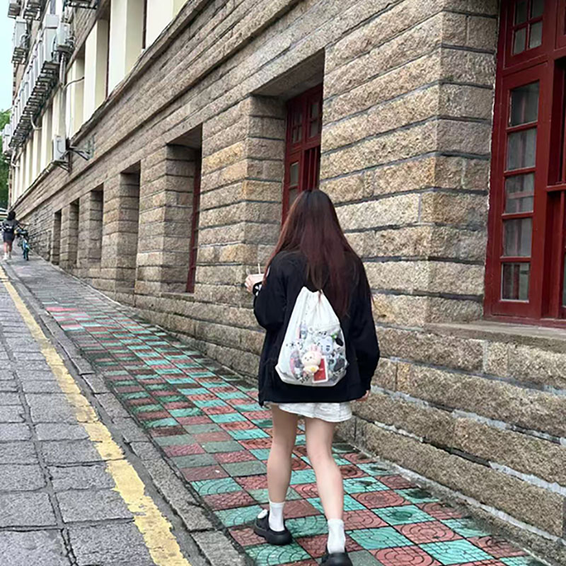 Large Capacity Drawstring Backpack - Versatile Cartoon Design, Transparent Nylon Canvas Bag for Commuting and School Large Capacity Drawstring Backpack - Versatile Cartoon Design, Transparent Nylon Canvas Bag for Commuting and School