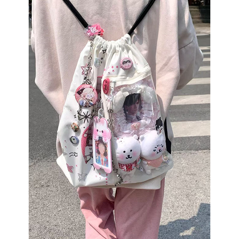 Large Capacity Drawstring Backpack - Versatile Cartoon Design, Transparent Nylon Canvas Bag for Commuting and School