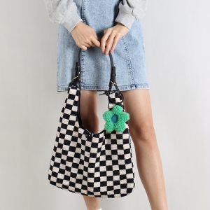 Large Capacity Flower Checkerboard Tote Bag for Women - Versatile Shoulder Bag for Class, Commuting, and Spring Outings