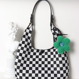 Large Capacity Flower Checkerboard Tote Bag for Women - Versatile Shoulder Bag for Class, Commuting, and Spring Outings
