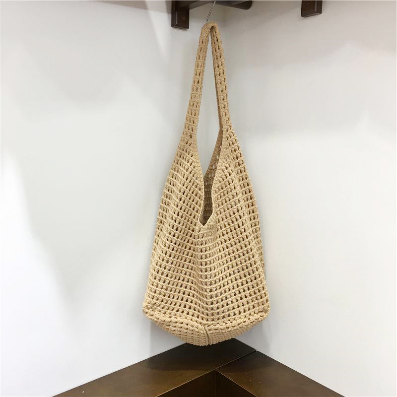 Large Capacity Hollow Mesh Net Tote Bag - Fashionable Knitted Woven Shoulder Bag for Summer, Lazy Style, Trendy Ins Aesthetic Large Capacity Hollow Mesh Net Tote Bag - Fashionable Knitted Woven Shoulder Bag for Summer, Lazy Style, Trendy Ins Aesthetic
