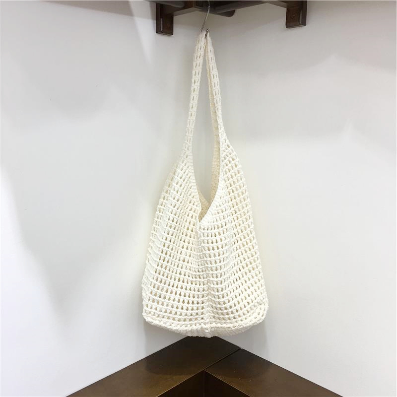 Large Capacity Hollow Mesh Net Tote Bag - Fashionable Knitted Woven Shoulder Bag for Summer, Lazy Style, Trendy Ins Aesthetic Large Capacity Hollow Mesh Net Tote Bag - Fashionable Knitted Woven Shoulder Bag for Summer, Lazy Style, Trendy Ins Aesthetic