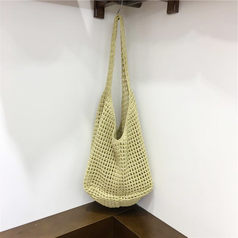 Large Capacity Hollow Mesh Net Tote Bag - Fashionable Knitted Woven Shoulder Bag for Summer, Lazy Style, Trendy Ins Aesthetic Large Capacity Hollow Mesh Net Tote Bag - Fashionable Knitted Woven Shoulder Bag for Summer, Lazy Style, Trendy Ins Aesthetic