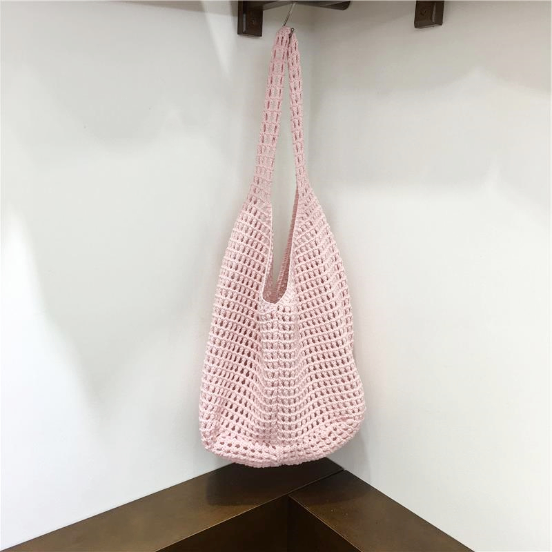 Large Capacity Hollow Mesh Net Tote Bag - Fashionable Knitted Woven Shoulder Bag for Summer, Lazy Style, Trendy Ins Aesthetic Large Capacity Hollow Mesh Net Tote Bag - Fashionable Knitted Woven Shoulder Bag for Summer, Lazy Style, Trendy Ins Aesthetic