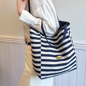 Large Capacity Minimalist Striped Canvas Tote Bag for Women - Ins Literary Lazy Style Spring/Summer Shoulder Bag