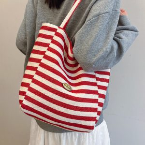 Large Capacity Minimalist Striped Canvas Tote Bag for Women - Ins Literary Lazy Style Spring/Summer Shoulder Bag