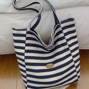 Large Capacity Minimalist Striped Canvas Tote Bag for Women - Ins Literary Lazy Style Spring/Summer Shoulder Bag