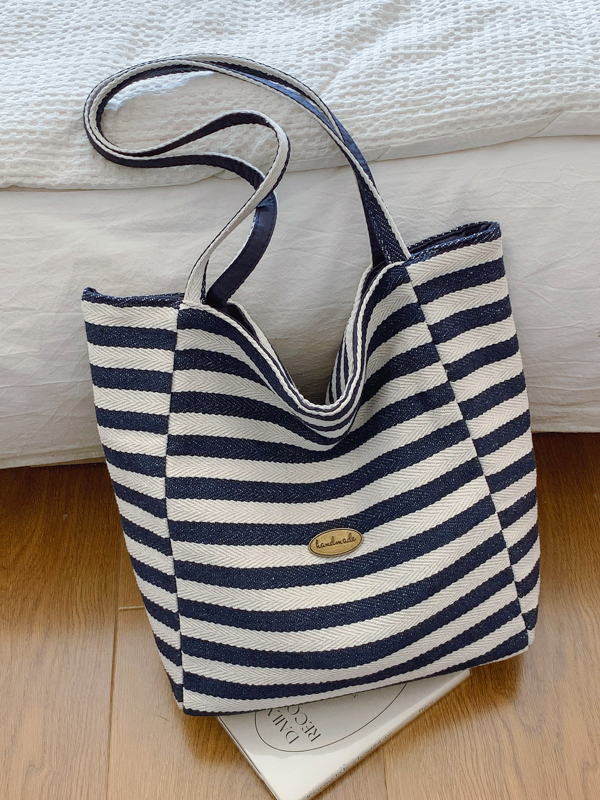 Large Capacity Minimalist Striped Canvas Tote Bag for Women - Ins Literary Lazy Style Spring/Summer Shoulder Bag Large Capacity Minimalist Striped Canvas Tote Bag for Women - Ins Literary Lazy Style Spring/Summer Shoulder Bag