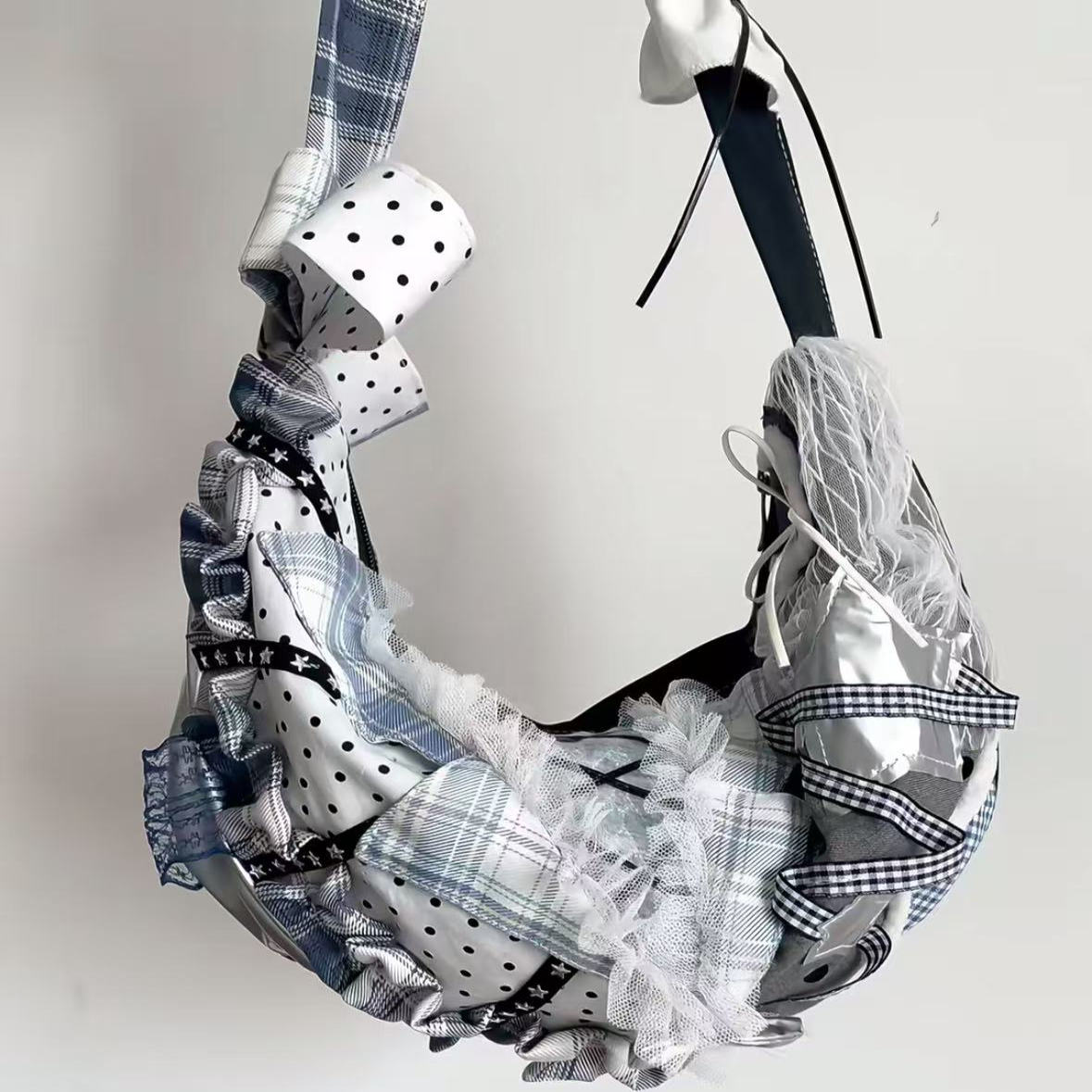 Large Capacity Patchwork Dumpling Lace Polka Dot Canvas Tote Bag for Students, Bow Detail Single Shoulder Crossbody Style