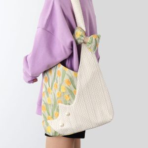 Large Capacity Tulip Cat Tote Bag - Cute Niche Design for Spring, Stylish Shoulder Crossbody Bag