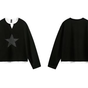 Layered Art Spring American Star Patchwork Fake Two-Piece Long Sleeve Sweatshirt Unisex Loose Fit Versatile Couple Top