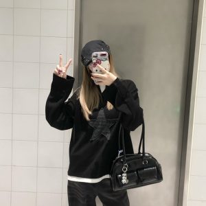 Layered Art Spring American Star Patchwork Fake Two-Piece Long Sleeve Sweatshirt Unisex Loose Fit Versatile Couple Top