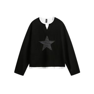 Layered Art Spring American Star Patchwork Fake Two-Piece Long Sleeve Sweatshirt Unisex Loose Fit Versatile Couple Top