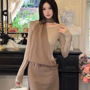 Layered Fake Two-Piece Long Sleeve Halter Dress for Women - Autumn Winter Wasteland Style, Waist-Defined, Boho Chic Fashion