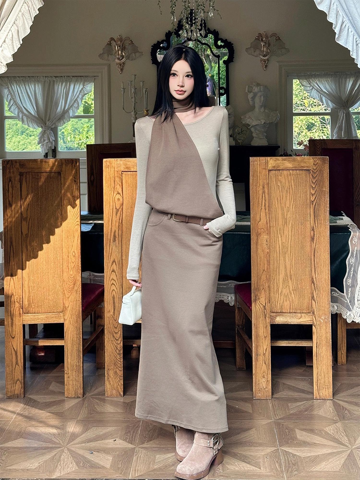 Layered Fake Two-Piece Long Sleeve Halter Dress for Women - Autumn Winter Wasteland Style, Waist-Defined, Boho Chic Fashion Layered Fake Two-Piece Long Sleeve Halter Dress for Women - Autumn Winter Wasteland Style, Waist-Defined, Boho Chic Fashion