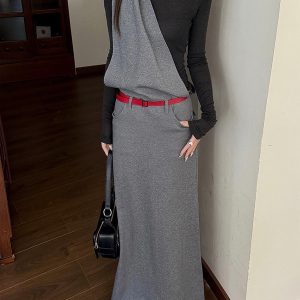 Layered Fake Two-Piece Long Sleeve Halter Dress for Women - Autumn Winter Wasteland Style, Waist-Defined, Boho Chic Fashion