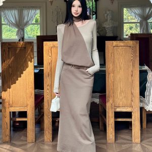 Layered Fake Two-Piece Long Sleeve Halter Dress for Women - Autumn Winter Wasteland Style, Waist-Defined, Boho Chic Fashion