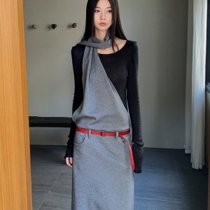 Layered Fake Two-Piece Long Sleeve Halter Dress for Women - Autumn Winter Wasteland Style, Waist-Defined, Boho Chic Fashion