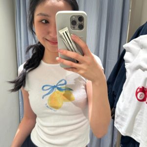 Lemon Bow Tie Printed Short Sleeve Slim Fit Cotton T-Shirt - 25SS South Korea Ins Niche Age-Reducing High-Stretch Y2K Style
