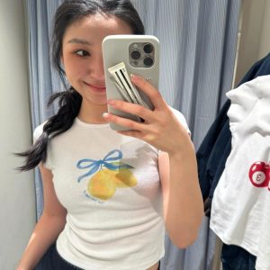 Lemon Bow Tie Printed Short Sleeve Slim Fit Cotton T-Shirt - 25SS South Korea Ins Niche Age-Reducing High-Stretch Y2K Style