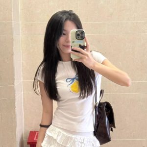 Lemon Bow Tie Printed Short Sleeve Slim Fit Cotton T-Shirt - 25SS South Korea Ins Niche Age-Reducing High-Stretch Y2K Style
