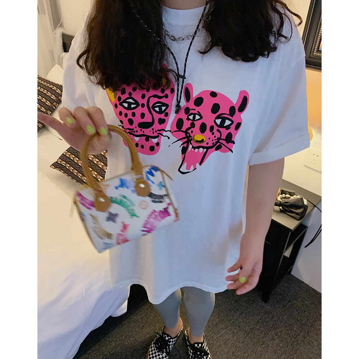 Leopard Head Printed T-Shirt for Women, Short Sleeve, Loose Mid-Length Top, Spring Summer Fashion, Casual Style, Y2K Trend Leopard Head Printed T-Shirt for Women, Short Sleeve, Loose Mid-Length Top, Spring Summer Fashion, Casual Style, Y2K Trend
