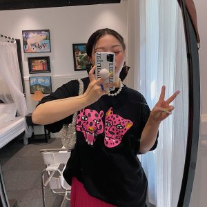 Leopard Head Printed T-Shirt for Women, Short Sleeve, Loose Mid-Length Top, Spring Summer Fashion, Casual Style, Y2K Trend