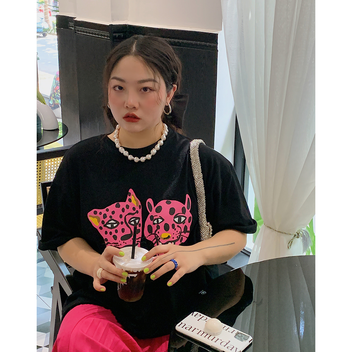 Leopard Head Printed T-Shirt for Women, Short Sleeve, Loose Mid-Length Top, Spring Summer Fashion, Casual Style, Y2K Trend