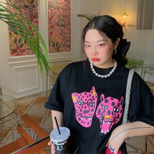 Leopard Head Printed T-Shirt for Women, Short Sleeve, Loose Mid-Length Top, Spring Summer Fashion, Casual Style, Y2K Trend
